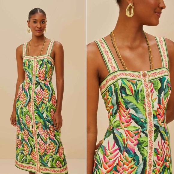 FARM Rio Dresses & Skirts - NEW | FARM Rio | Heli Leaves Button Front Linen Midi Dress | Sz L